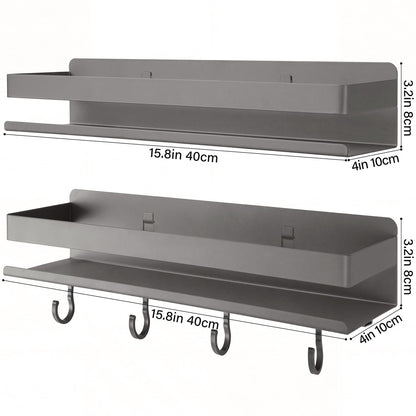 TIMBERHIDE 2-Pack Wall Mount Spice Rack,Easy to Install on the anywhere,Carbon Steel Kitchen Organizer with Hooks for Oil Salt Seasonings&Bathroom Toiletries,Grey
