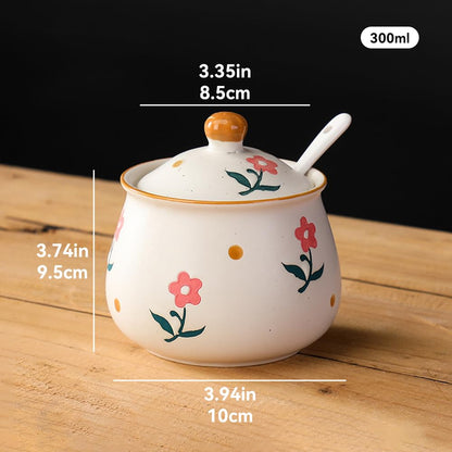 Lifenanny Sugar Bowl with Lid and Spoon, 300ml Floral Ceramic Condiment Jars Pots 10 OZ Spice Container Seasoning Canisters Box for Kitchen Coffee Bar, Yellow Flower