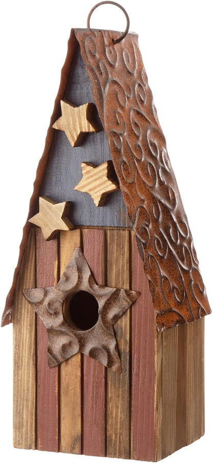 Glitzhome Bird House for Outdoors, 12.5 Inch Wooden Bird House Patriotic USA Distressed Hanging Birdhouses for Bluebird Cedar Wren Chickadee Sparrow Bird Nest Box for Garden Patio
