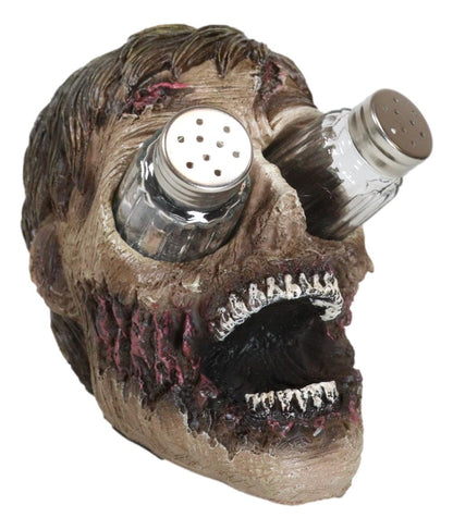 Ebros Walking Undead Gory Eyeless Zombie Head Salt And Pepper Shakers Holder Figurine Set With Glass Shakers 5.5"H Scary Decor Statue