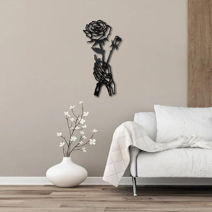 CREATCABIN Skeleton Hand Rose Wall Decor Flower Metal Wall Art Minimalist Halloween Gothic Line Art Skull Unique Love Hanging Sculpture for Wall Valentine's Day Home Decor Black 11.8 x 5.9 inch
