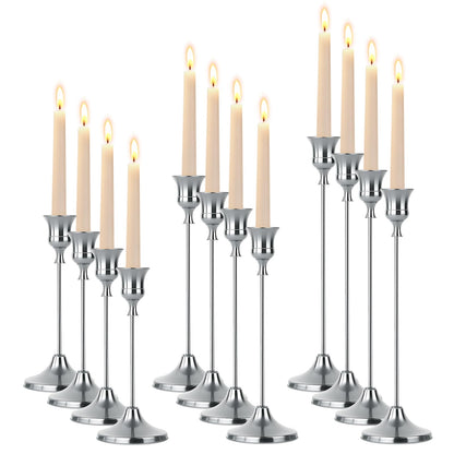 Oakernel Silver Taper Candle Holders 4 Sets(12 Pcs) - Tall Metal Candlestick Holders for Table Centerpiece, Formal Dinner, Wedding, Fireplace Mantel Decor, Fits 3/4 Inch Thick Candles