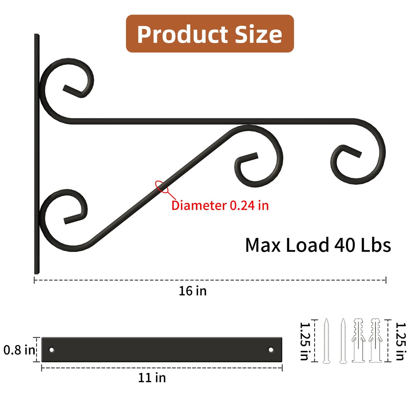 PROWORX 2 Pack 16 Inch Plant Hangers Outdoor Bracket, Indoor Wall Mount Metal Heavy Duty Rust-Resistant Bird Feeder Plant Hooks for Hanging Planters, Flower Baskets, Black