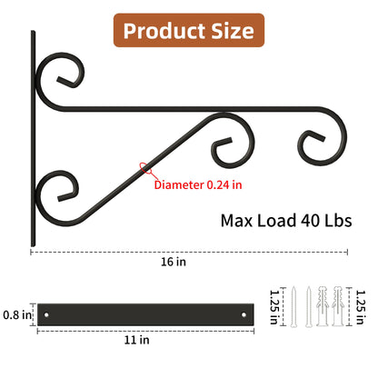 PROWORX 2 Pack 16 Inch Plant Hangers Outdoor Bracket, Indoor Wall Mount Metal Heavy Duty Rust-Resistant Bird Feeder Plant Hooks for Hanging Planters, Flower Baskets, Black