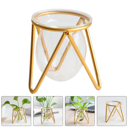 SEWACC Glass Vase with Metal Stand for Hydroponic Plants, Small Gold Bulb Planter Terrarium, Propagation Vase Holder for Home Desk Décor and Green Plant Display