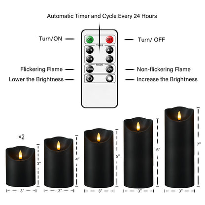 Fo32won Flameless Flickering Candles with Remote Timer, Set of 6 Led Black Battery Operated Candles for Home Decor Xmas Halloween (D3 x H3 3" 4" 5" 6" 7")