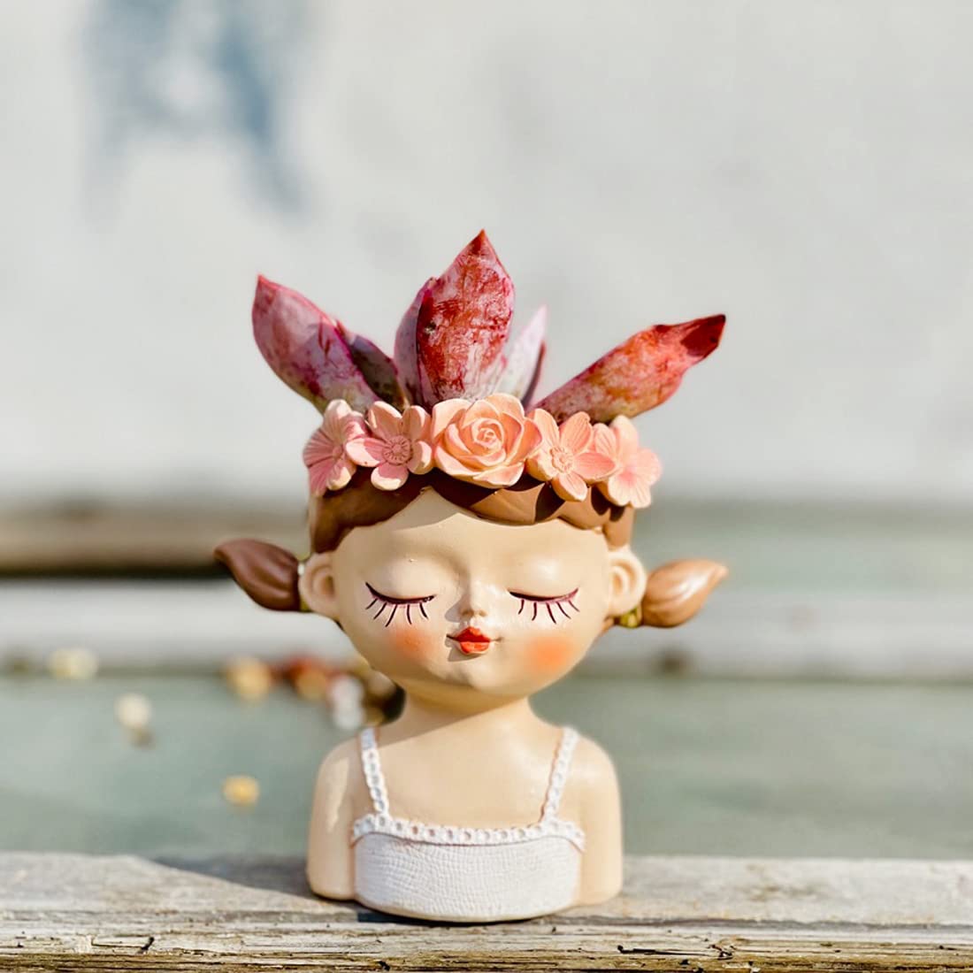 4.35" Cute Head Planter Resin Succulent Pot - Little Girl Flower Container, Human Face Cactus Plants Bonsai Holder, Thumb Fairy Figurine Statue With Drainage - Decor Gift