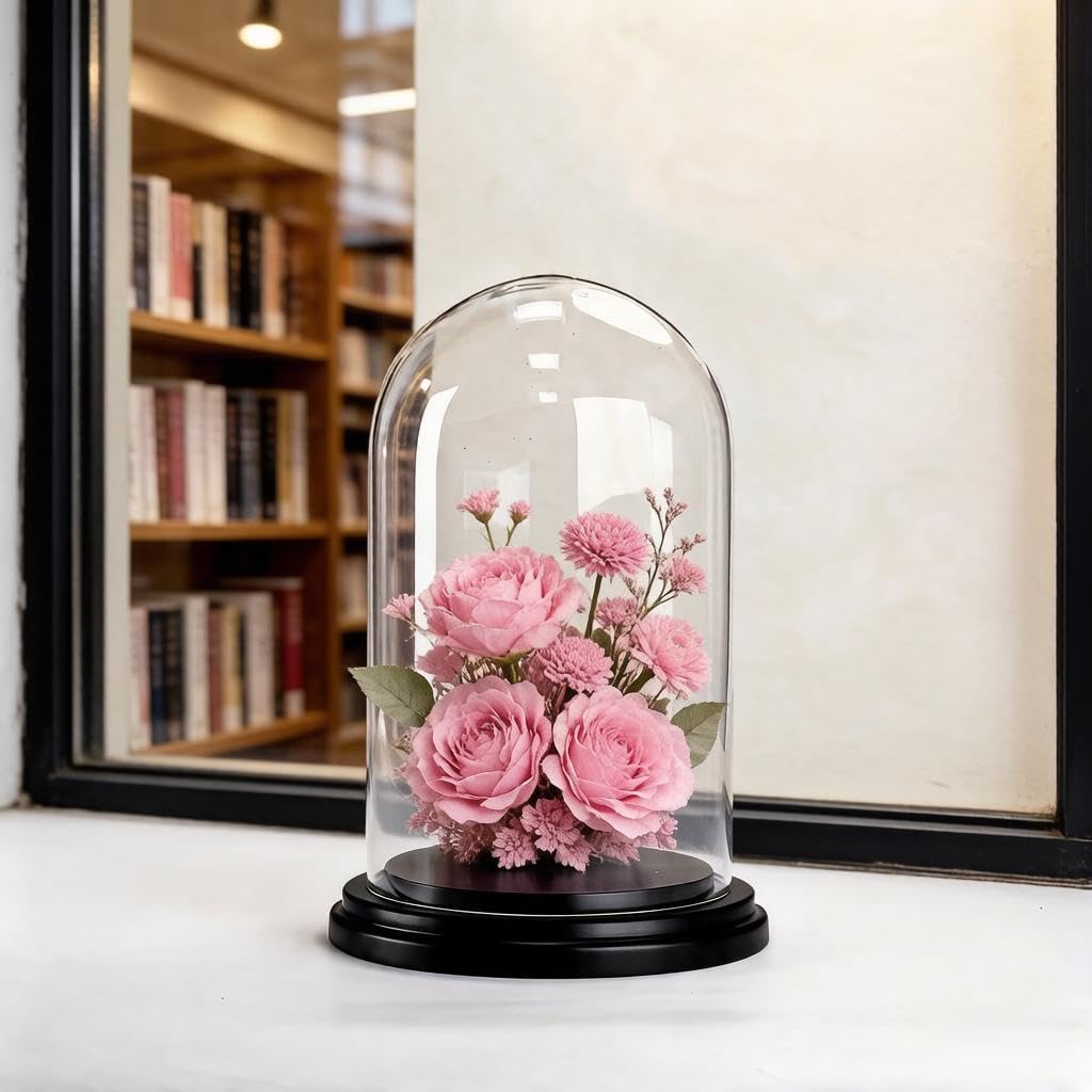 CYS EXCEL Glass Dome Cloche (H:9.25" D:5.5”) with Black Wood Base Decorative Showcase Display for Antique Collectible Bell Jar Terrarium Dessert Cover