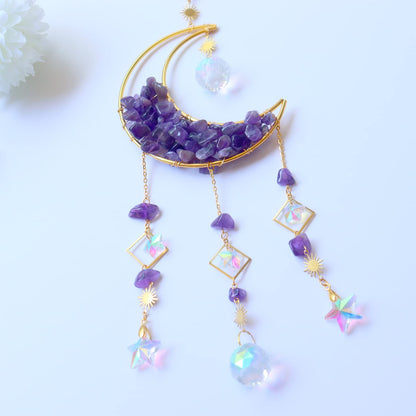 Amethyst Crystals Suncatcher - Hanging Moon Sun Catcher with Glass Prisms for Windows, Healing Amethyst Crystal Decor for Home, Gift for Christmas Birthday Valentine Mothers Day
