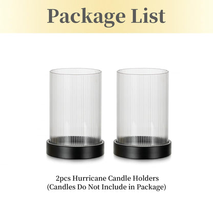 Hewory Ribbed Hurricane Candle Holder: Black Votive Candle Holders Set of 2, Glass Hurricane with Metal Candle Plate, Pillar Candle Holder for Table Centerpiece Christmas Wedding Holiday Home Decor
