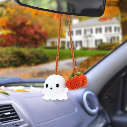 Halloween Car Ornament Crochet Pumpkin and Ghost Car Pendant for Car Mirror Upholstery Accessories, Hand Knitted Mirror Charm (2)