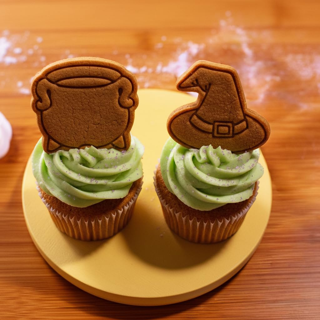 BAKERLOGY Wicked Brews Mini Cookie Cutter & Stamp Set (Witch Hat & Cauldron Designs) – Cute Halloween Fondant Embossing Stamp Cutters for Spooky Baking, Cupcake Toppers & Party Treats