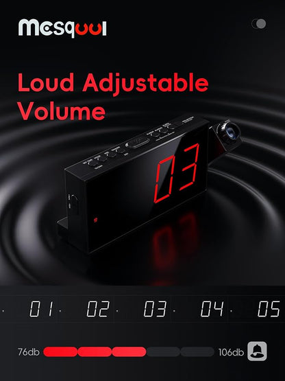 Digital Projection Alarm Clocks for Bedrooms - Large LED Display, 180° Rotatable Projector, 5-Level Dimmer,USB Charger,Battery Backup,Loud Dual Alarms for Kids Elderly,Heavy Sleepers,Snooze,12/24H,DST