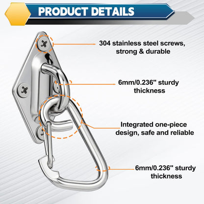 FUCNEN Stainless Steel Pad Eye Hook 4PCS M6 Rhombus Ceiling Hooks and Screws for Hanging Hammock, Plants, String Lights, Canopy, DIY, Porch Swing Hanging Kit, Indoor & Outdoor Use Swing Hooks