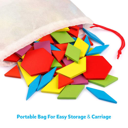 Coogam Wooden Pattern Blocks Set 130PCS Geometric Color Shape Manipulative Puzzle – Graphical Montessori Tangram Early Learning Educational Toys Brain Teasers STEM Gift for Kids with 24 Design Cards
