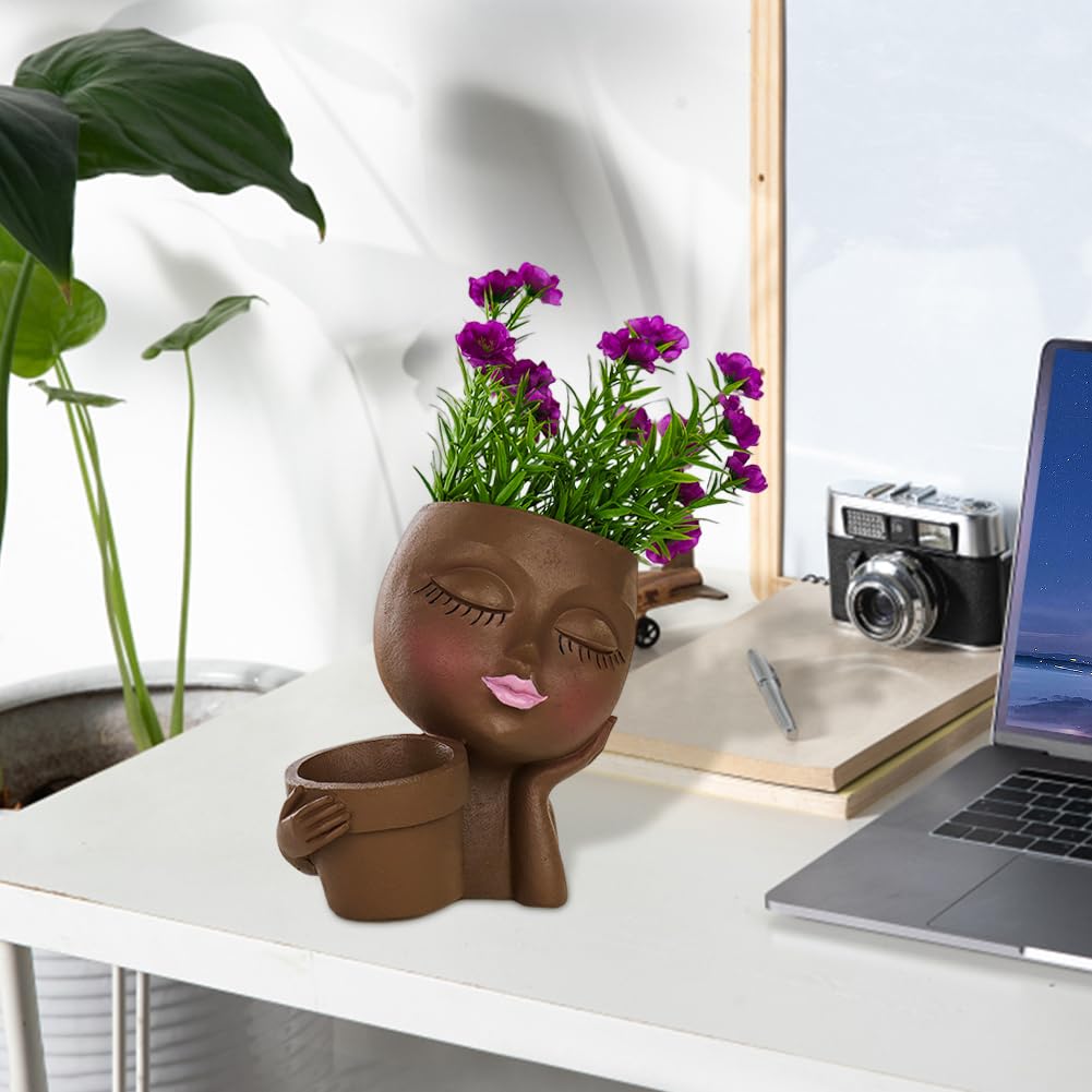 Rivonthex Face Planter Pot with Dual Compartments, Resin Lady Head Planter with Drainage Holes, 6.3 x 4.3 x 6.7 in, Two Openings 3.2 in and 2.4 in, for Succulents Indoor Outdoor, Brown