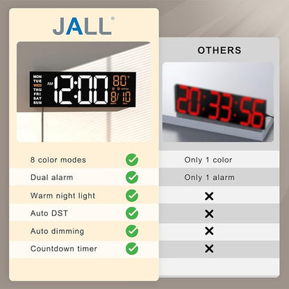 JALL 16" Large Digital Wall Clock with Remote, Big LED for Seniors, Auto Dimming, 8 RGB Colors, Night Light, Count Down Timer, Alarm, DST, Temperature for Living Room, Back to School Classroom