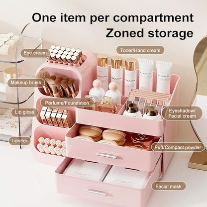 Makeup Organizer with Drawers,Large Capacity Countertop Organizer for Vanity,Bathroom and Bedroom Desk Cosmetics Organizers,Easy To Storage Skincare,Brushes,Lotions (All Pink)
