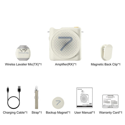 7RYMS WA2 Voice Amplifier for Teachers with Wireless Lavalier Microphone,Portable Speaker for Classroom,Speech,Training Outdoor,Mini Speaker Clip-On Mic- Noise Canceling,164ft Range,23H Working-White