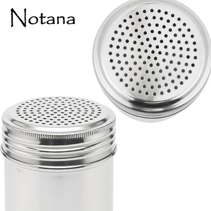 Notana 10 Ounce Stainless Steel Dredge Shaker (2 Pack) for Powder Sugar, Flour Duster for Baking, Seasoning Shaker with Lid, Metal Salt and Pepper Shakers, Cinnamon Sugar Shaker Dispenser for Kitchen