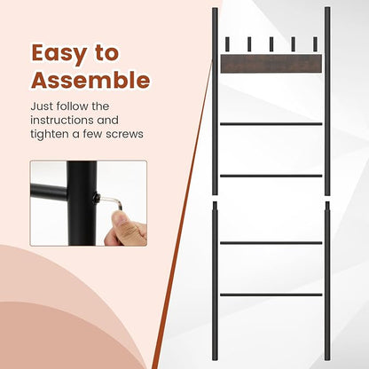 S AFSTAR Wall Leaning Blanket Ladder, 5-Tier Ladder Shelf with 5 Removable Hooks, Industrial Blanket Holder Rack, Drying and Display Rack for Bathroom, Living Room, Entrance, Rustic Brown