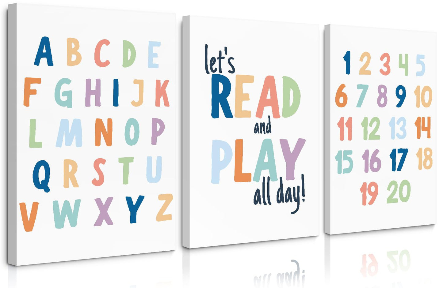 Kids Playroom Wall Art Decor Alphabet Poster Play Room Canvas Wall Decor ABC Nursery Wall Art 123 Toddler Poster Let's Read for Boy Girl Room 12x16 Inch Framed Set of 3