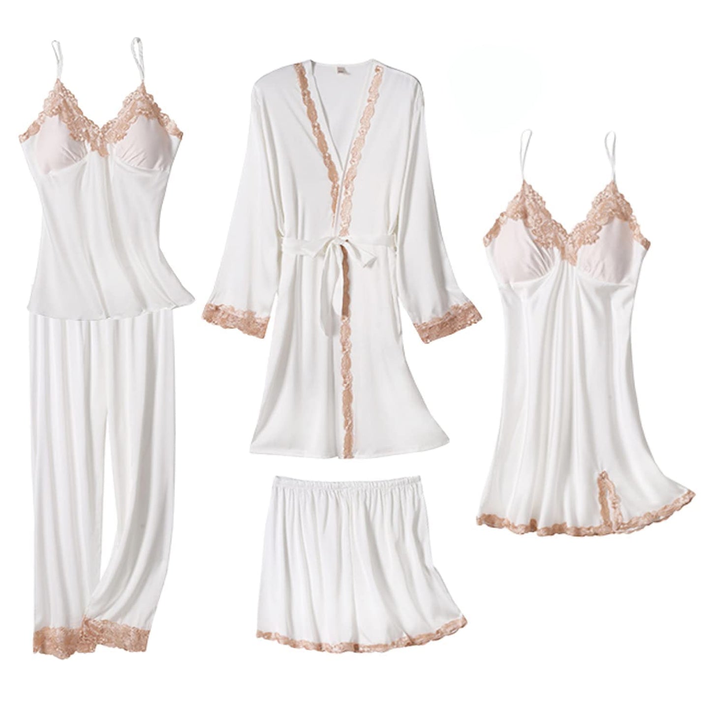 SAPJON Womens Pajama Sets 5PCS Silk Pajamas for women Cute Sleepwear Loungewear Satin Pajamas Sets for Women Soft