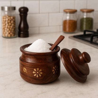 AMERIZONE Handcrafted Sheesham Wood Spice Jar with Spoon & Lid | Decorative Wooden Sugar/Spice Container with Brass Inlay | Traditional Kitchen Storage Pot