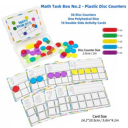 Math Task Boxes Set of 5 Math Manipulatives Themes 230+ Pieces of Number Rods, Base Ten Blocks, Ten Frame Disc Counters, Place Value Blocks, 0-9 Numbers, 3D Shapes, Counting Blocks Activity Cards