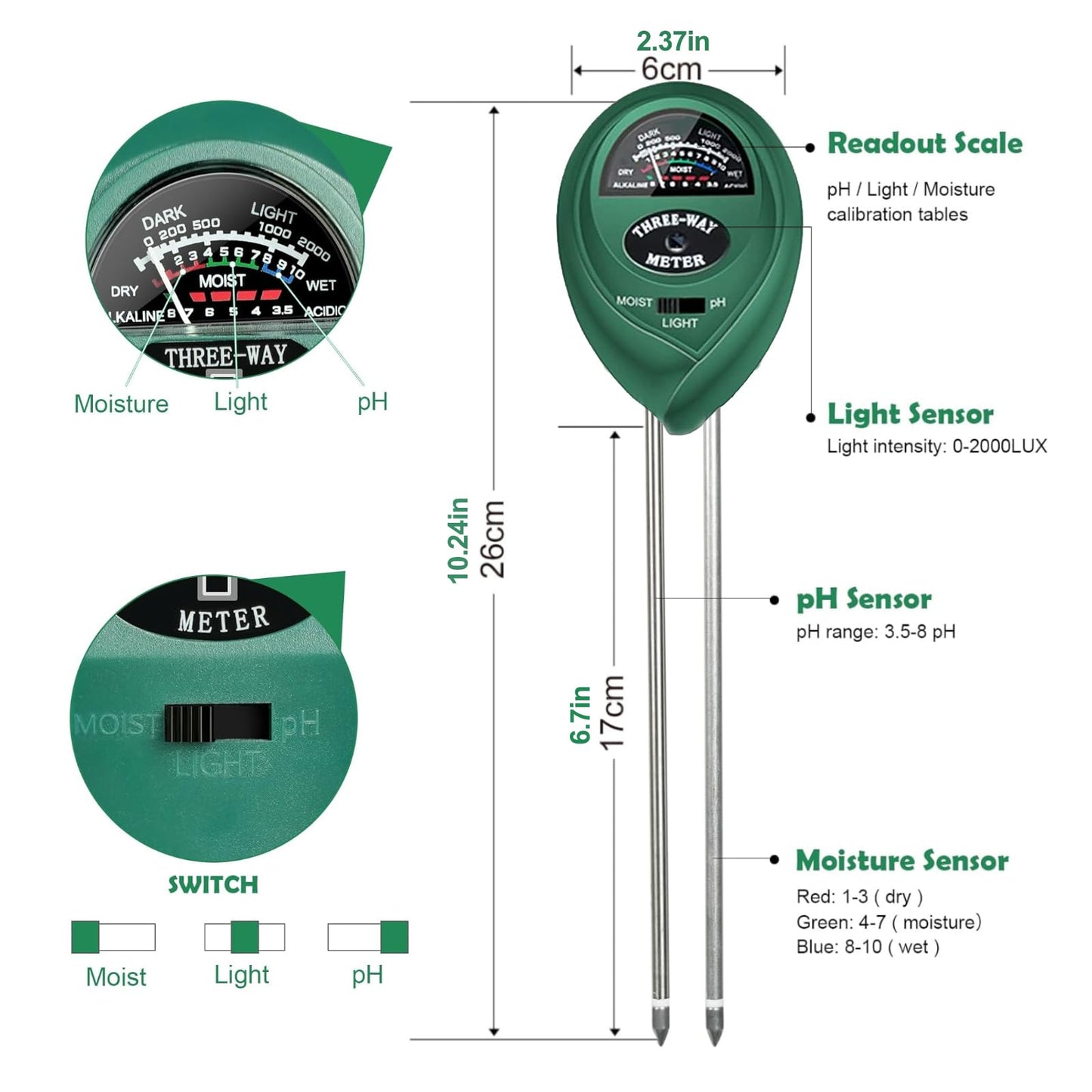 Soil Moisture Meter PH Tester: 3-in-1 Soil Test Kit Plant Water Meter for Garden Light Thermometer Testing Houseplants Moisture Hygrometer Ph Acidity Sensor for Lawn Farm Indoor and Outdoor Use