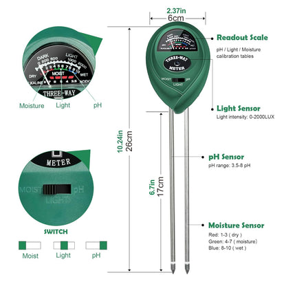 Soil Moisture Meter PH Tester: 3-in-1 Soil Test Kit Plant Water Meter for Garden Light Thermometer Testing Houseplants Moisture Hygrometer Ph Acidity Sensor for Lawn Farm Indoor and Outdoor Use