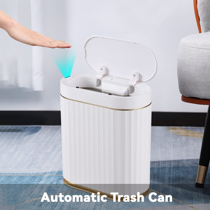 ELPHECO Bathroom Trash Can with Lid 2 Gallon Sensor Garbage Can, Automatic Trash Bin, Motion Sensor Trash Can, IPX5 Waterproof Plastic Wastebasket for Bathroom, Bedroom, Kitchen, Office, White Gold