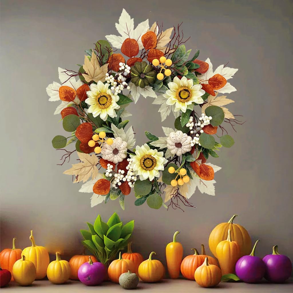 20 Inch Fall Sunflower Wreath for Front Door, Artificial Autumn Wreath with Pumpkins, Berries, White Sunflowers and Silk Leaves for Thanksgiving Farmhouse Home Window Wall Office Indoor Outdoor Decor