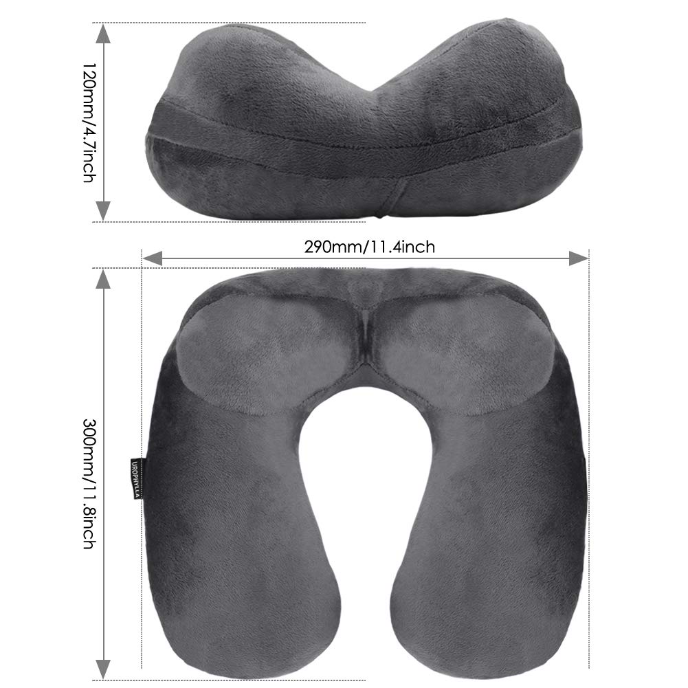 UROPHYLLA Inflatable Travel Pillow, Soft Velvet Inflatable Neck Pillow for Traveling, Airplanes, Train, Car, Office with Compact Bag, Breathable Washable Cover, Suit for Adults Sleeping - Grey
