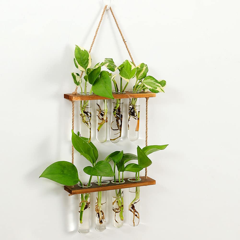 Hiuxume 2 Tiered Wall Hanging Planter, Wooden Stand with Glass Planter Test Tube Vase for Hydroponic Plant Propagation, Perfect for Indoor and Outdoor Decor