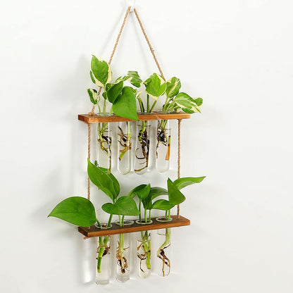 Hiuxume 2 Tiered Wall Hanging Planter, Wooden Stand with Glass Planter Test Tube Vase for Hydroponic Plant Propagation, Perfect for Indoor and Outdoor Decor