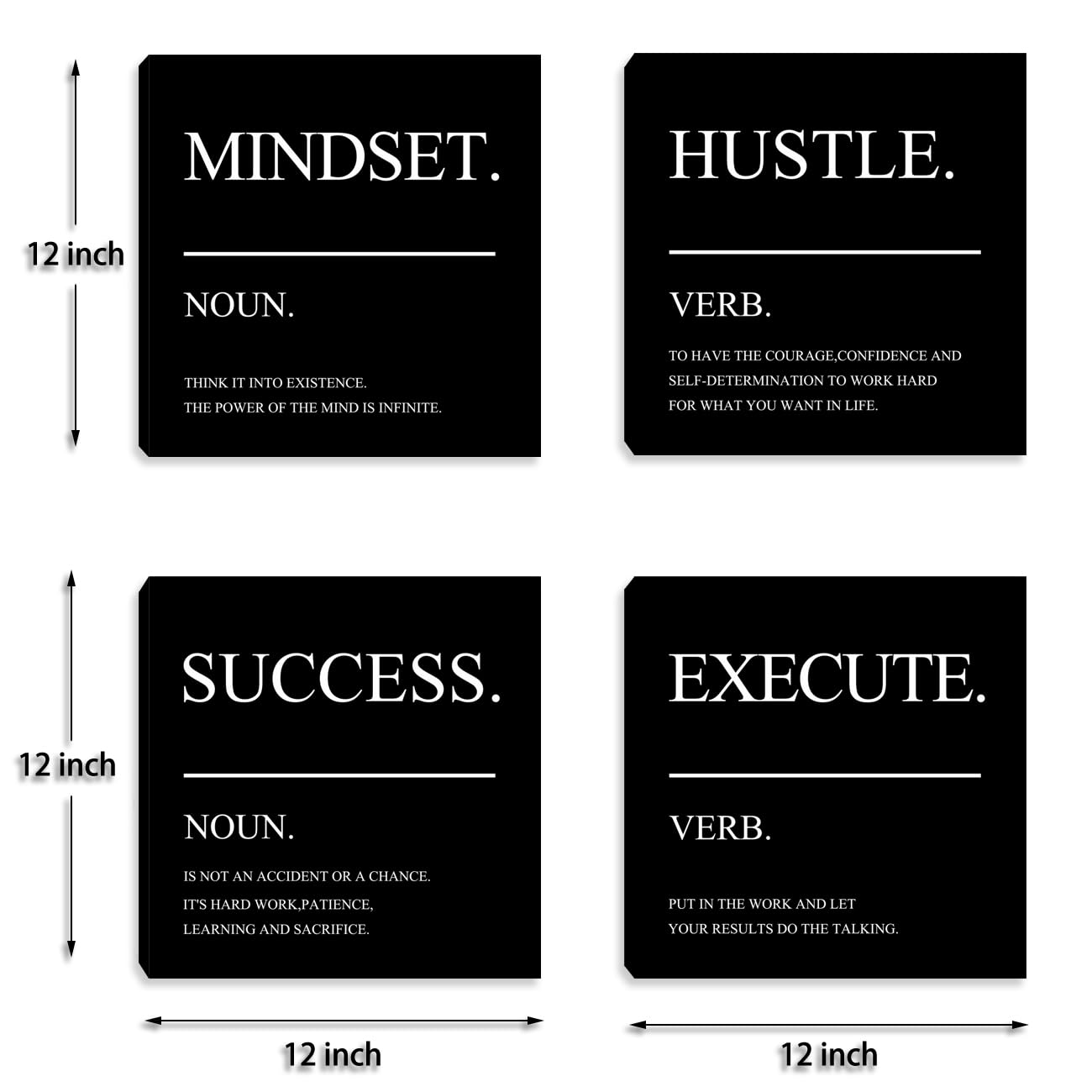 Framed Motivational Wall Art for Home Office - Inspirational Hustle Canvas - Mindset Decor for Living Room, Bedroom, Men's Office - 12"x12"x4PCS