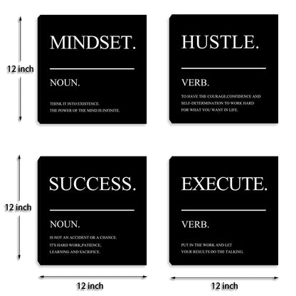 Framed Motivational Wall Art for Home Office - Inspirational Hustle Canvas - Mindset Decor for Living Room, Bedroom, Men's Office - 12"x12"x4PCS