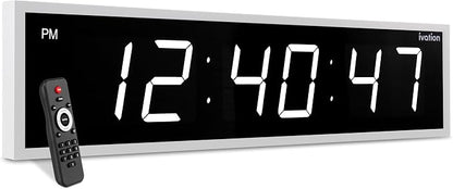 Ivation Huge Oversized 72" Large Digital LED Clock | Big Digital Clock w/Multi-Function Display – Stopwatch, Timer, Alarms, Temp & Date | 6 Brightness Levels, Time Memory & Remote (White)