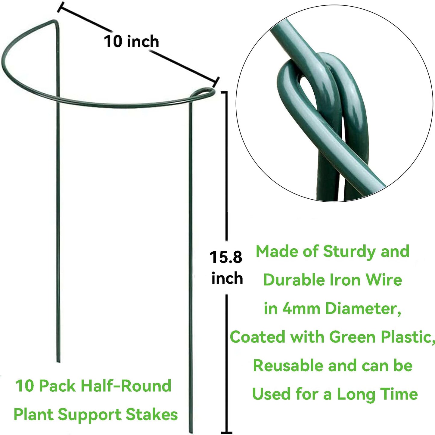 Plant Support Stakes, 10 Pack Metal Peony Cages and Support, Plant Stakes for Indoor Outdoor Plants, Plant Support Ring for Flowers(10" W x 15.8" H)