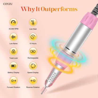 Professional Nail Drill Electric File:COYZU 35000RPM Portable Cordless Nail Drill Machine with Bits, Rechargeable E File for Acrylic & Gel Nails, Manicure & Pedicure Tech Tool for Home Salon, Pink