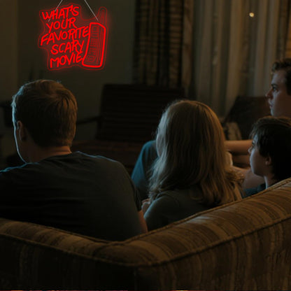 What’s Your Favorite Scary Movie Neon Sign – Red LED Wall Light with Retro Phone Design – Horror Movie Night & Halloween Party Décor