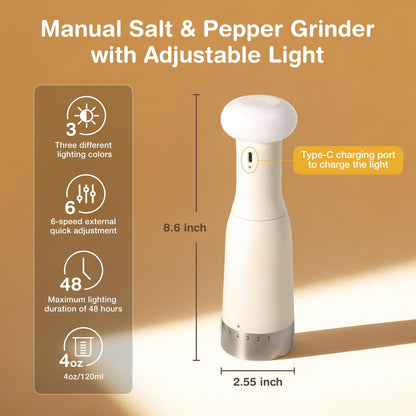 Vucchini Manual Pepper Grinder with Ambient Light 6-level Setting External Adjustable Coarseness Ceramic Salt Grinder Spice Mill for Table,Kitchen,Restaurant,Party,Candlelight Dinner