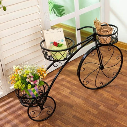 QUANBU Metal Bicycle-Shaped Planter Rack Tiered 3-Pot Plant Flower Display Stand | Indoor/Outdoor Garden Plant Shelf Holder(Color:Black)