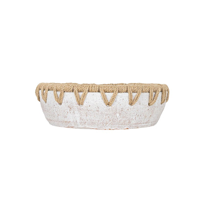 Foreside Home and Garden 3" x 9.25" Landon Decorative White Terracotta Greenery Planter Pot Bowl w/Woven Geometric Jute Rim Home Boho Rustic Style Natural Accent Piece Faux Artificial Plant Decor