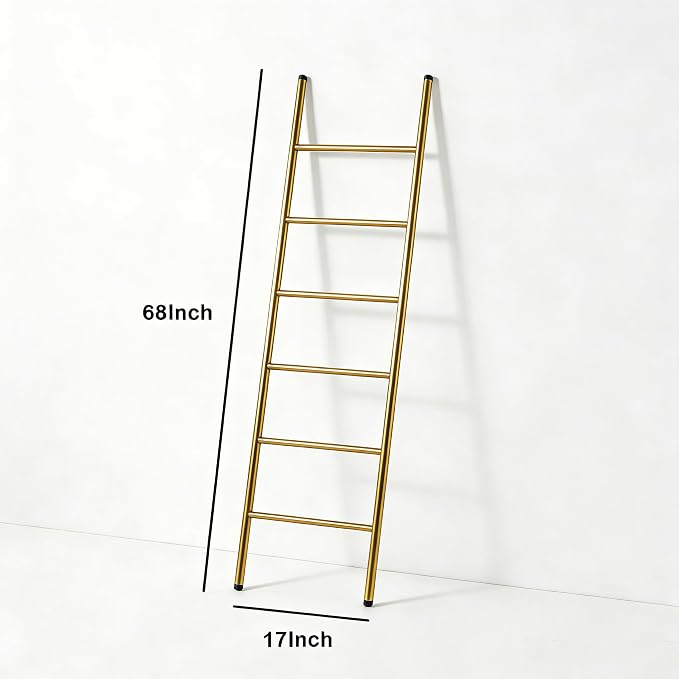 6-Tier Blanket Ladder 68 Inch Wall-Leaning Towel Rack for Living Room and Bedroom, Easy Assembly - Gold