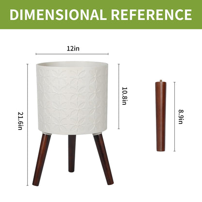 nacltlo 12 Inch Planter Pot with Stand, Planter for Indoor Plants, Modern Large Flower Planter Pot with Drainage Holes for Outdoor,Matte White