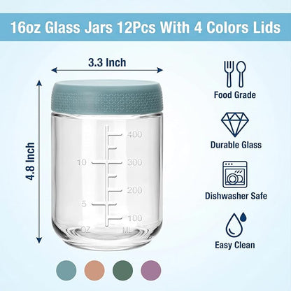 16 oz Glass Jars with Lids,12 Pack Overnight Oats Containers with lids,Small Glass Containers with Lids for Homemade Jams, Sauces, Food Jar for Smoothies, Yogurt,Spice,Desserts, and even DIY Crafts
