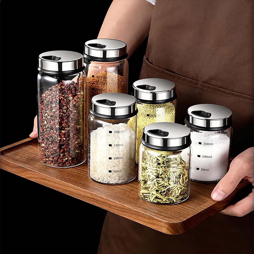 Aiareozy 2 Pack Salt Pepper Shaker, 200ml Salt Shaker with Adjustable pour Holes, Stainless Steel spice shaker, Glass Spice Jars with Shaker lids, Spice Container,salt container for Kitchen