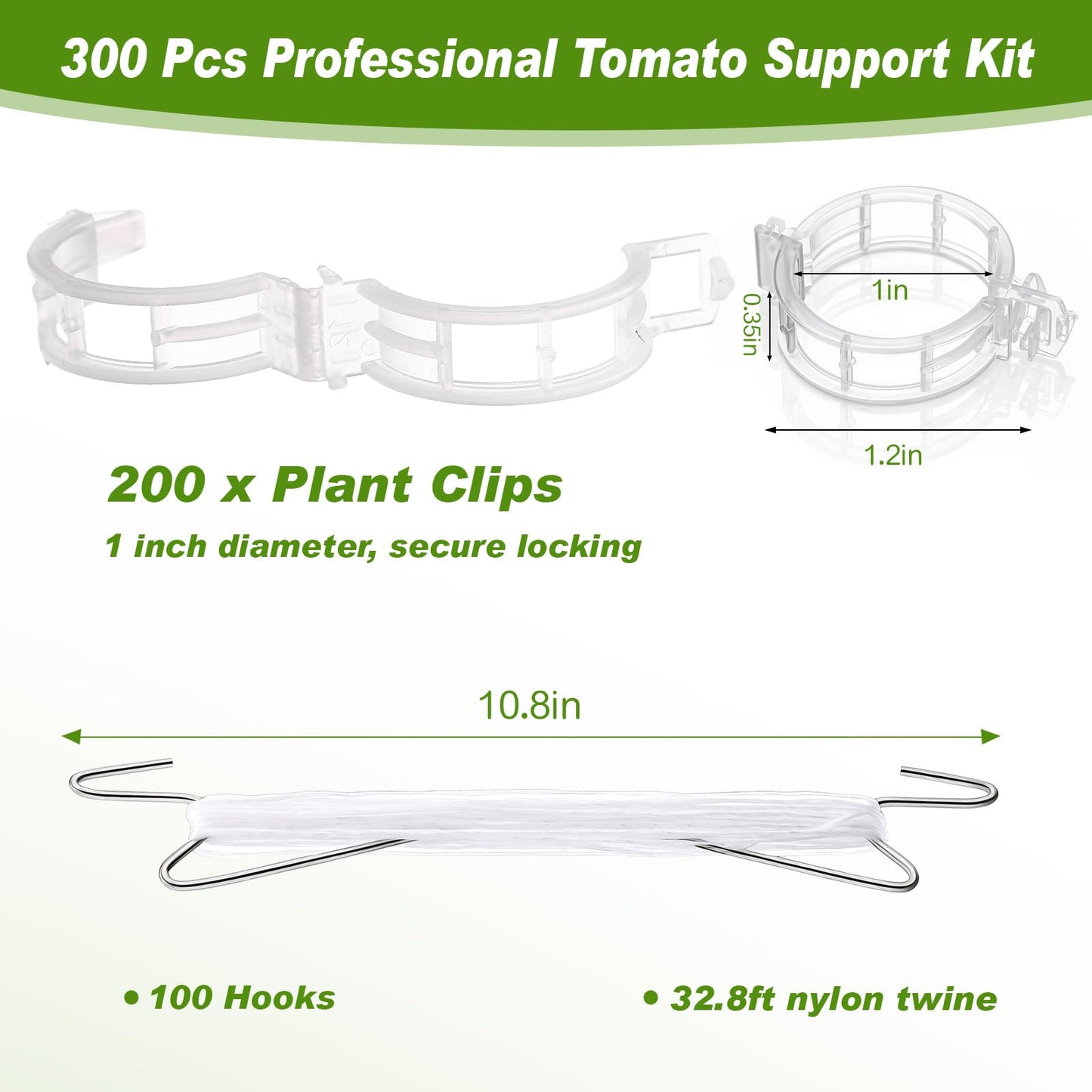 Hushee 100 Pack Tomato Hooks with 200 Garden Clips & 32.8ft String, Tomato Hooks for Climbing Plants, Heavy Duty Plant Support Kit for Greenhouse, Vegetable Plant Fruit Flower